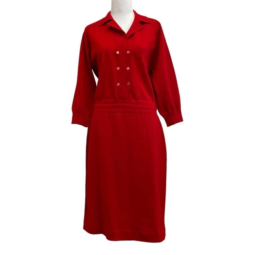 Goldworm Vintage 1950s Red Knit Wool Italian Button Front Pencil Dress